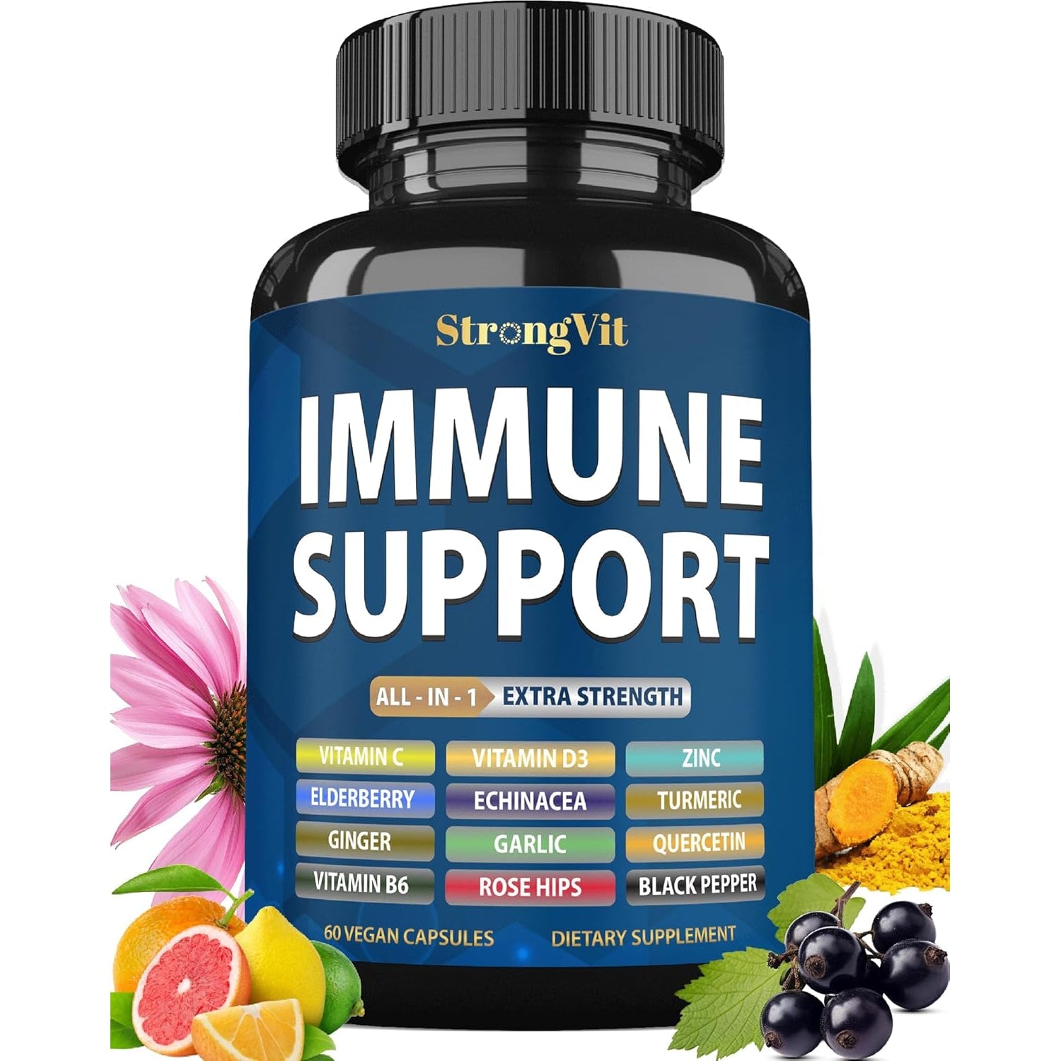 Strongvit Immune Support Supplement 12 in 1 Complex with Vitamin C, D3, Zinc, Echinacea, Elderberry, Ginger, Turmeric. Immune Defend for Men & Women, Non-Gmo, Gluten-Free, Vegan, USA