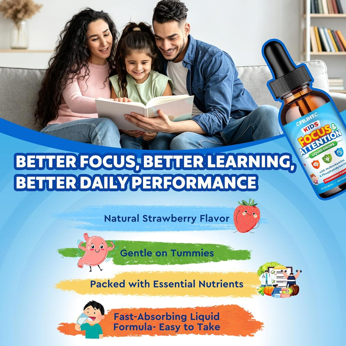 Kids Focus and Attention Supplements with Phosphatidylserine, Omega-3, Magnesium Glycinate & L-Theanine, Brain Vitamins Liquid Drops for Kids Memory, Cognitive, Sleep, Calm & Mood, Strawberry, 2 Fl Oz