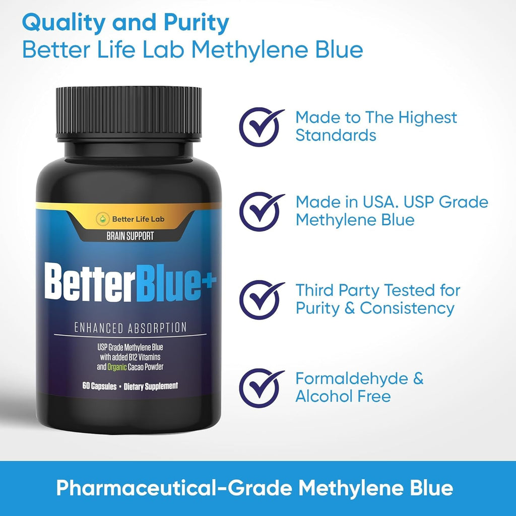 BETTER LIFE LAB Methylene Blue Capsules 60 Count - Pharmaceutical Grade USP for Brain Energy and Cellular Health - Mental Clarity Support Supplement