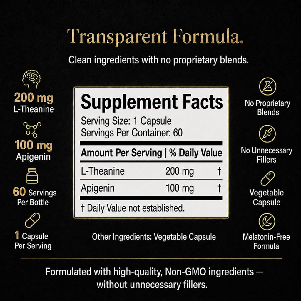 Apigenin 100Mg with L-Theanine 200Mg Supplement Capsules for Sleep Support, Relaxation, Clarity & Calm | Melatonin Free | 60 Vegan Capsules