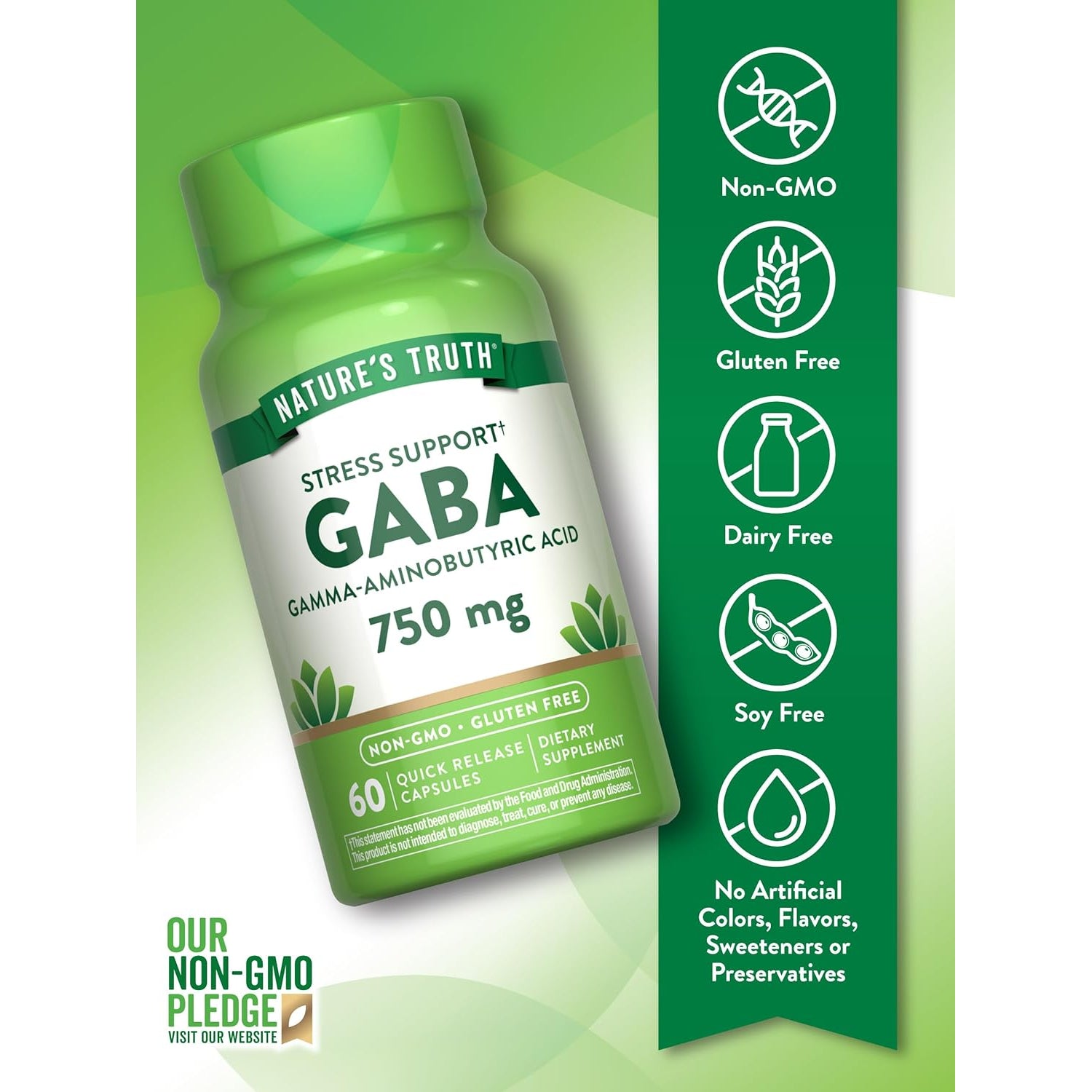 Nature'S Truth GABA 750Mg Capsules | 60 Count | Gamma Aminobutyric Acid Supplement | Non-Gmo & Gluten Free Supplement