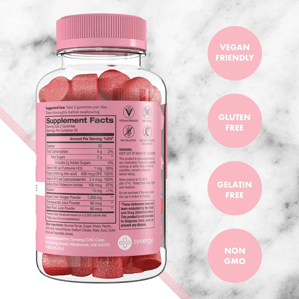 Flat Tummy Apple Cider Vinegar Gummies, 60 Count – ACV Gummies, Detox, Support Gut Health – Vegan-Friendly, Non-Gmo - Beet and Pomegranate Superfood Powders, Vitamins B6, B9 & B12