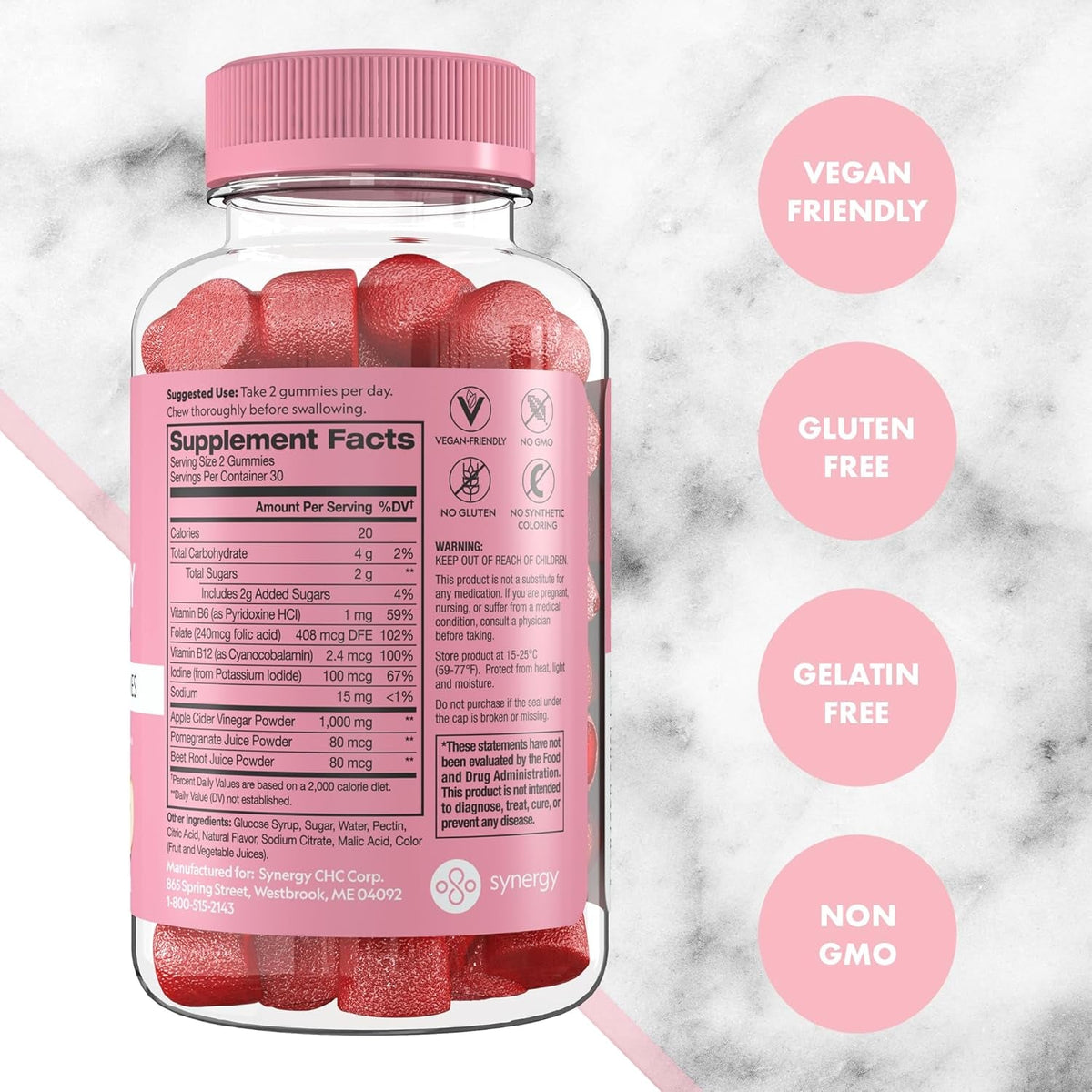Flat Tummy Apple Cider Vinegar Gummies, 60 Count – ACV Gummies, Detox, Support Gut Health – Vegan-Friendly, Non-Gmo - Beet and Pomegranate Superfood Powders, Vitamins B6, B9 & B12
