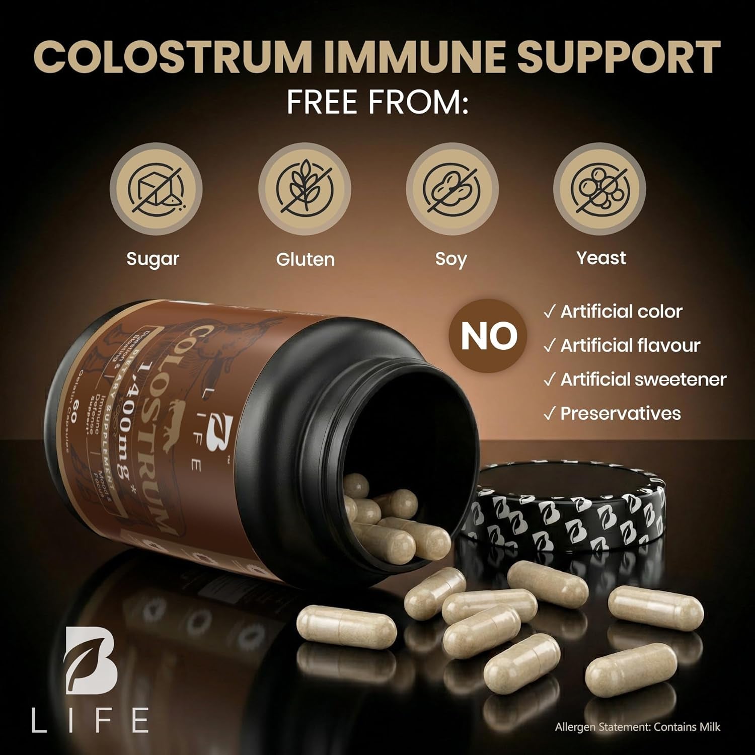 B Life Company Blife Bovine Colostrum Supplement 1400Mg – Immune & Gut Health Support – Colostrum Capsules for Digestive Health – Immune Support Supplement – 60 Capsules (30 Servings)