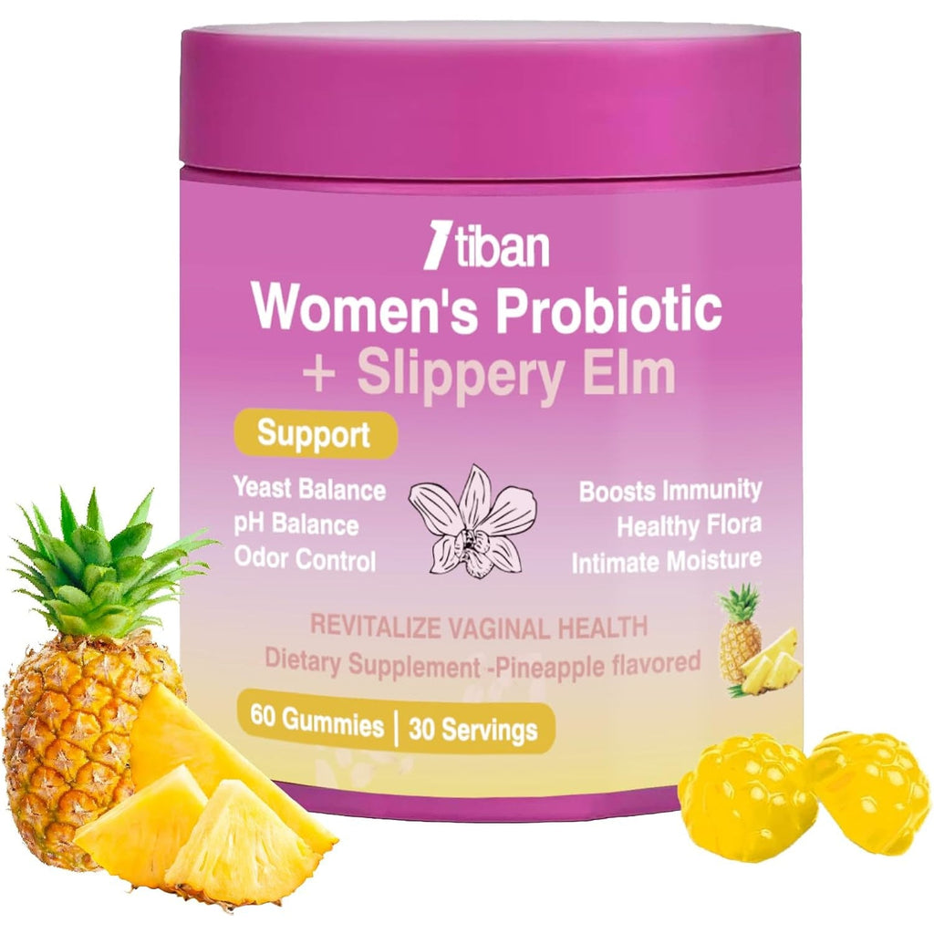 Feminine Vaginal Probiotics Gummies, Supports Ph Balance & Digestive Health, Slippery Elm for Women, Suagr-Free, Veagn, Pineapple Flavor, 60 Count