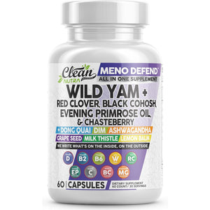 Clean Nutra Wild Yam Root Capsules with Red Clover Black Cohosh Evening Primrose Oil Chasteberry Dong Quai DIM Ashwagandha Grape Seed Extract Milk Thistle Lemon Balm and More Hormone Balance for Women