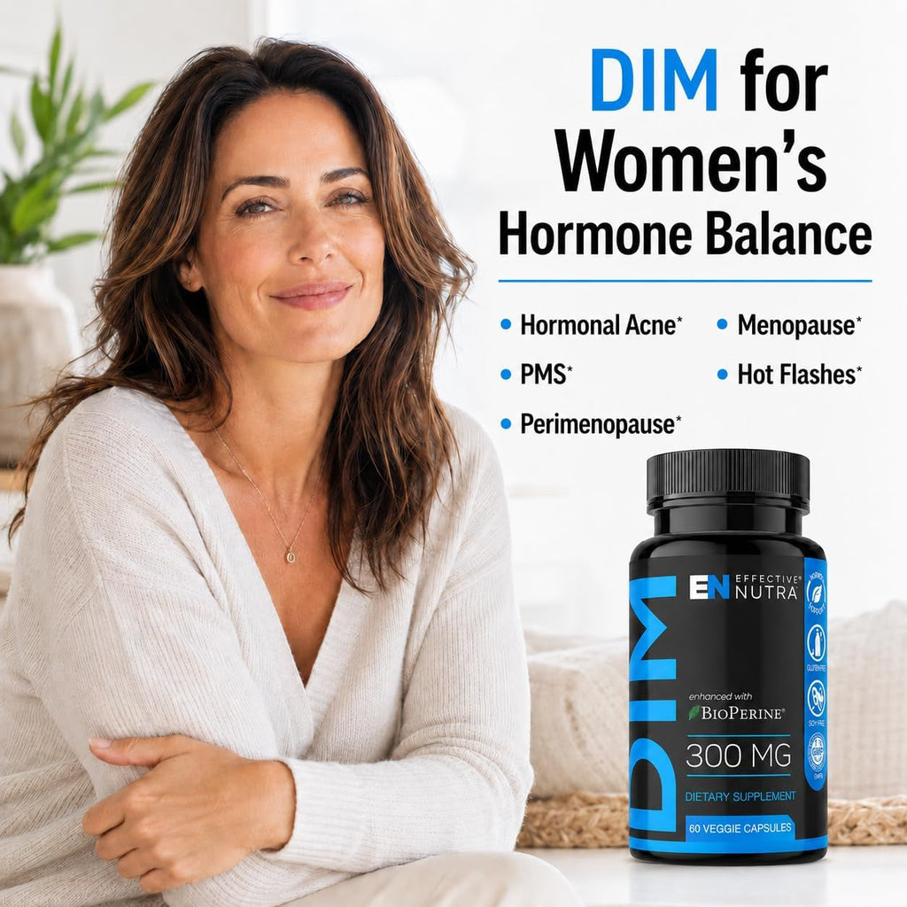 Effective Nutra DIM Supplement 300Mg + Bioperine, Extra Strength Estrogen Blocker for Men & Hormone Balance for Women - Diindolylmethane, Hormonal Acne, Menopause Support - 60 Veggie Capsules
