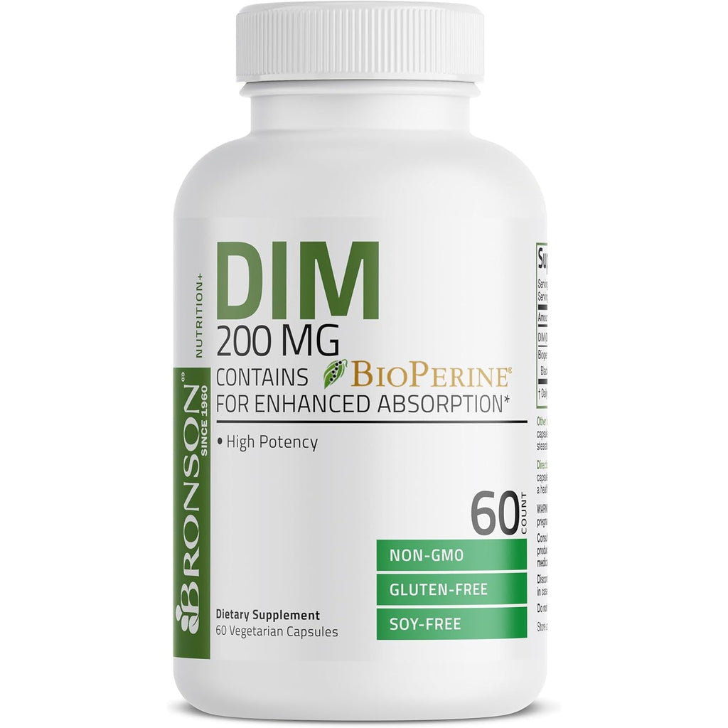 Bronson DIM 200 MG Supplement Diindolymethane with Bioperine for Enhanced Absorption, Estrogen Metabolism & Maintains Balanced Hormone Levels, 60 Vegetarian Capsules