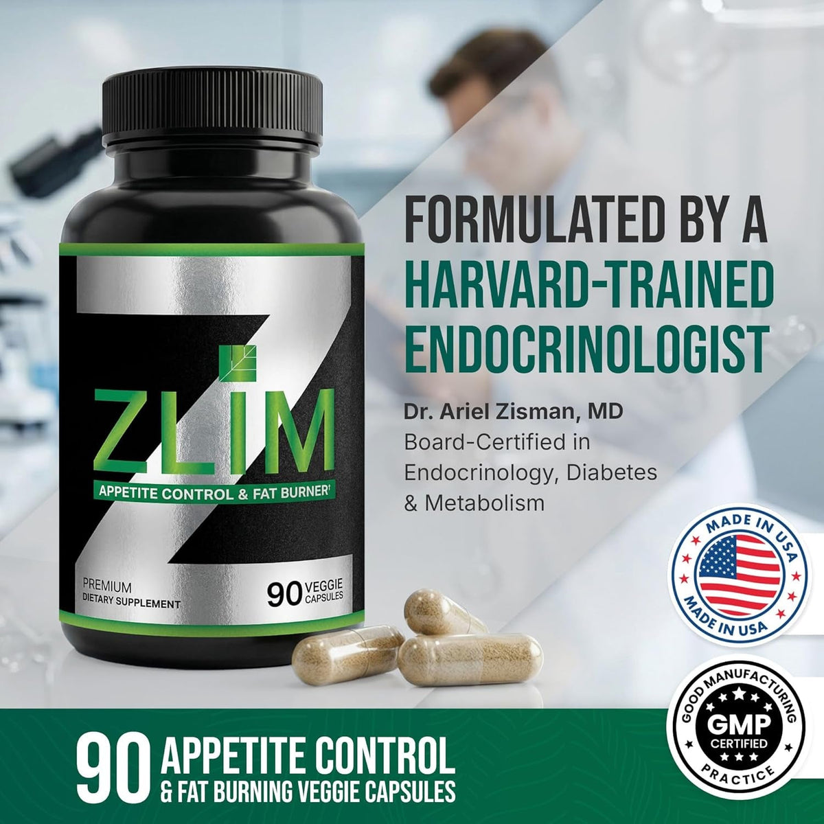 Dr. Zisman ZLIM Fiber Capsules – Fiber Supplement for Digestive & Gut Health Support – Apple Pectin, Gymnema Sylvestre & Ashwagandha – Plant-Based Dietary Supplement – 90 Veggie Capsules