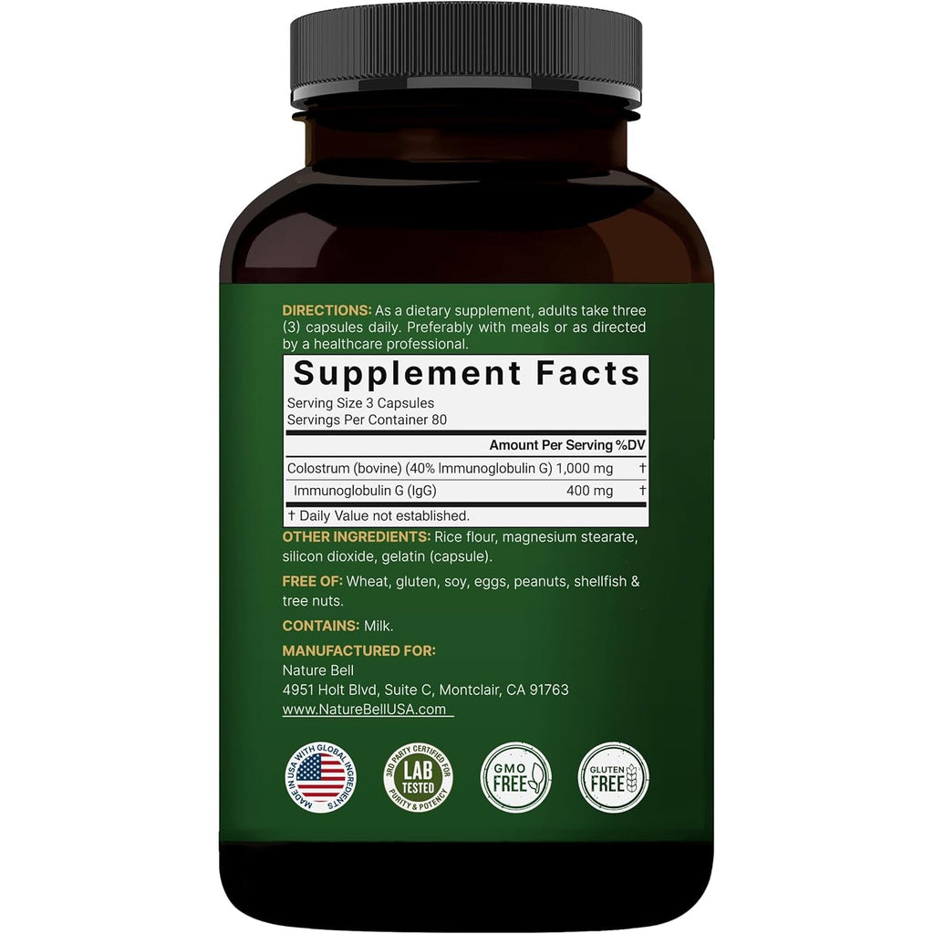 Naturebell Bovine Colostrum Supplement 1,000Mg per Serving, 240 Capsules | 40% Igg Colostrum Powder for Gut Health, Bloating, Skin, Hair & Immune Support – Non-Gmo