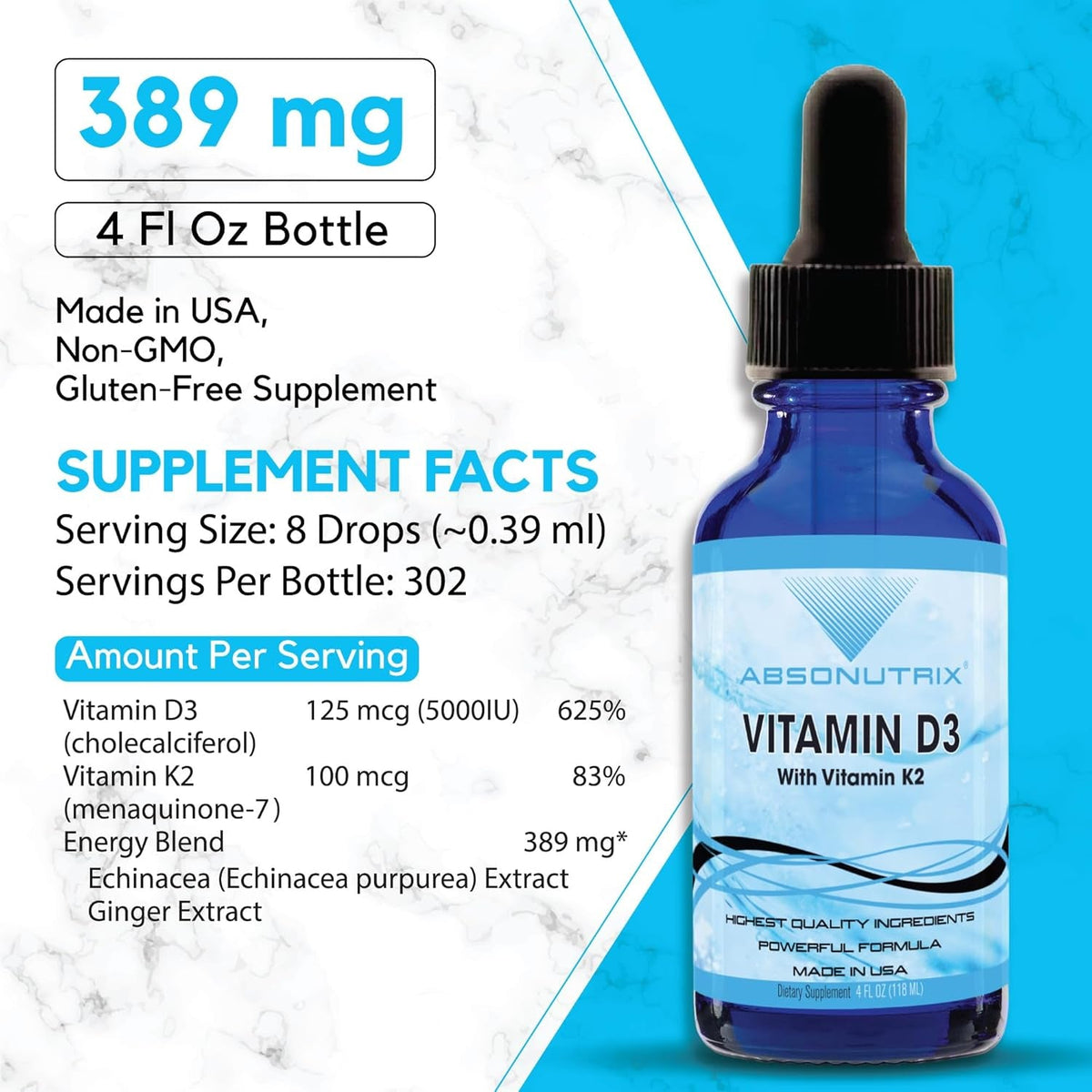 Vitamin D3 K2 Drops, 390Mg, 4 Oz Liquid, 302 Servings, Made in USA, Quick Absorption, Quality Potent Ingredients, Non-Gmo, GMP Certified, Cruelty-Free Products, Bone Strength Supplements