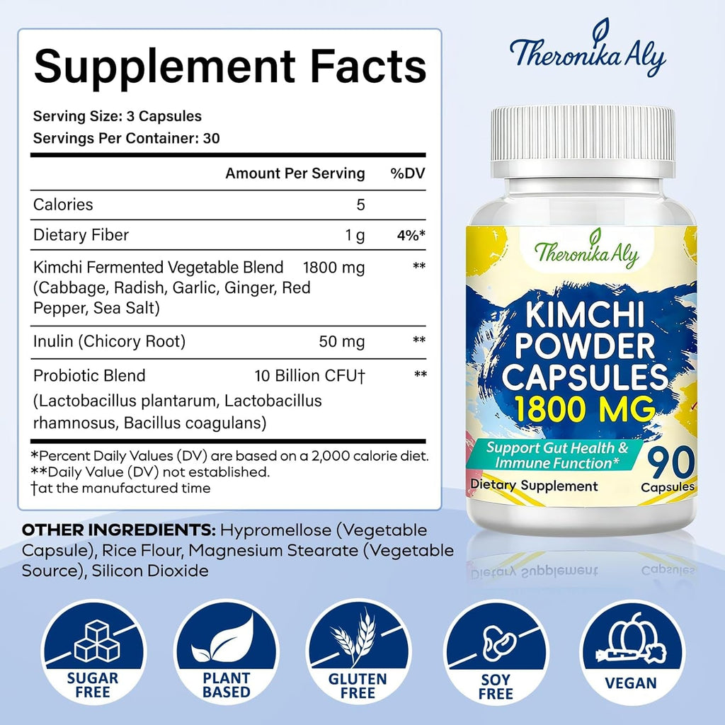 Kimchi Probiotic Capsules, Fermented Kimchi Powder with 10 Billion CFU Probiotics & Prebiotic Inulin, Gut Health & Digestive Support, Fermented Vegetable Superfood Supplement, 90 Vegan Capsules