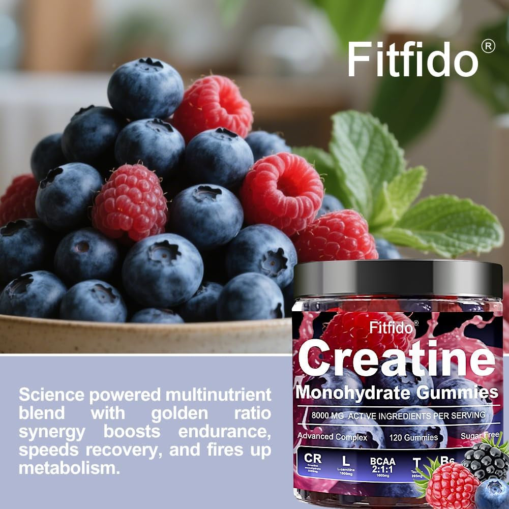 Creatine Monohydrate Gummies Complex 5000Mg for Men and Women, Containing L-Carnitine & Taurine, Build Muscle, Boost Energy, Faster Recovery, Sugar Free & Vegan, Raspberry & Blackberry, 120 Count