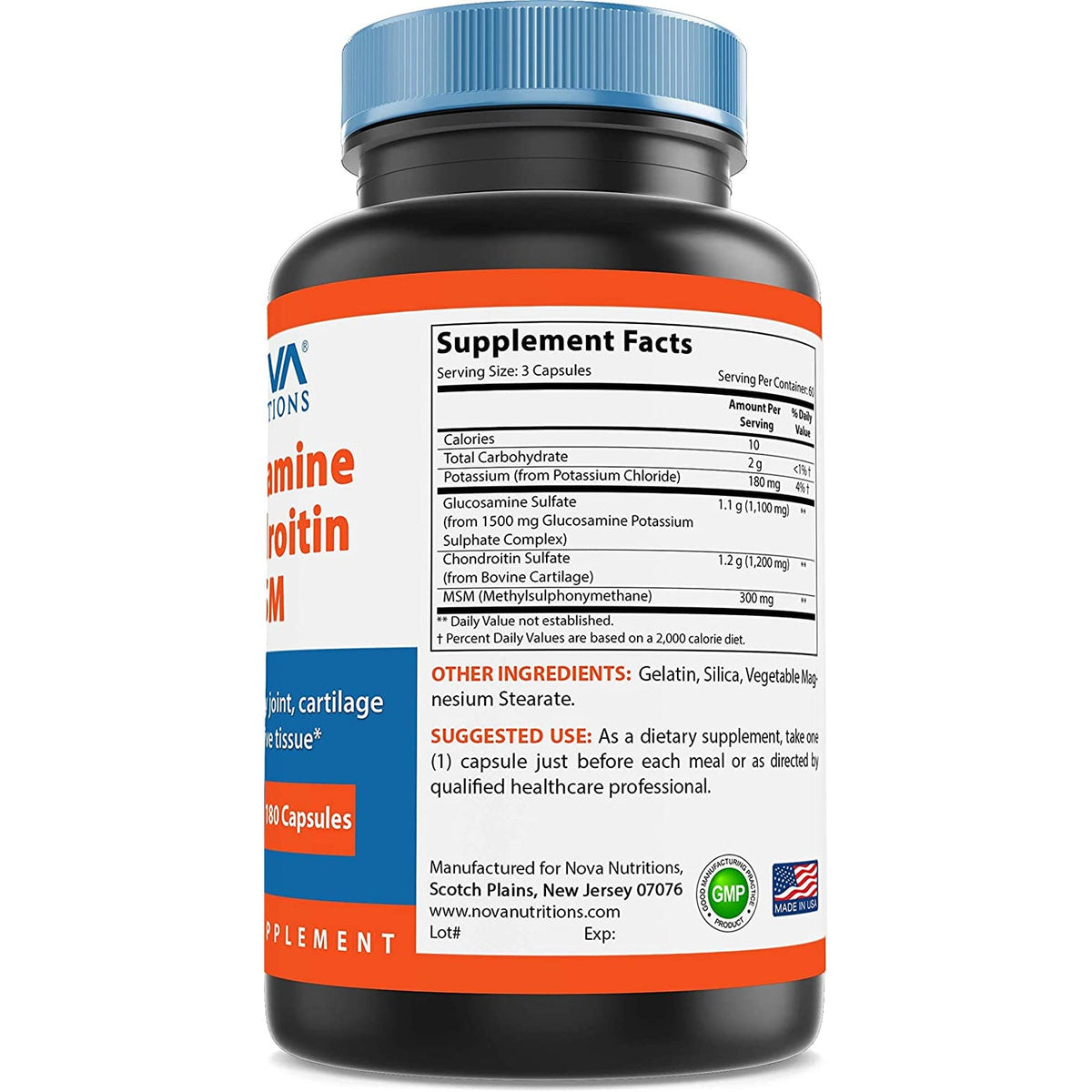 Nova Nutritions Triple Strength Glucosamine Chondroitin MSM 2600Mg/Serving Capsules, Supports Healthy Joint, Cartilage and Connective Tissue - Promotes Joint Comfort & Flexibility 180 Count