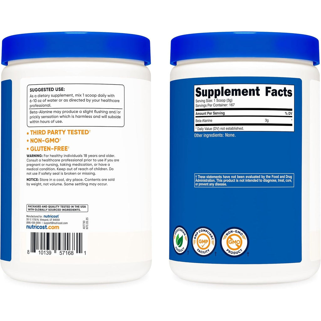 Nutricost Beta Alanine Powder 500 Grams (1.1Lbs) - Pure Beta Alanine, Gluten Free & Non-Gmo