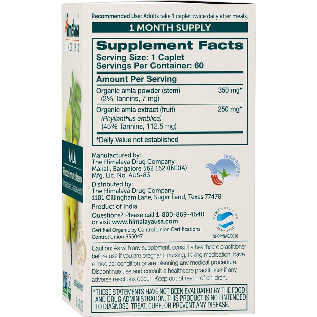 Himalaya Organic Amla - Herbal Immune Support Supplement with Adaptogen and Antioxidant - USDA Organic, Vegan, Non-Gmo, Gluten Free, 600 Mg, 60 Caplets