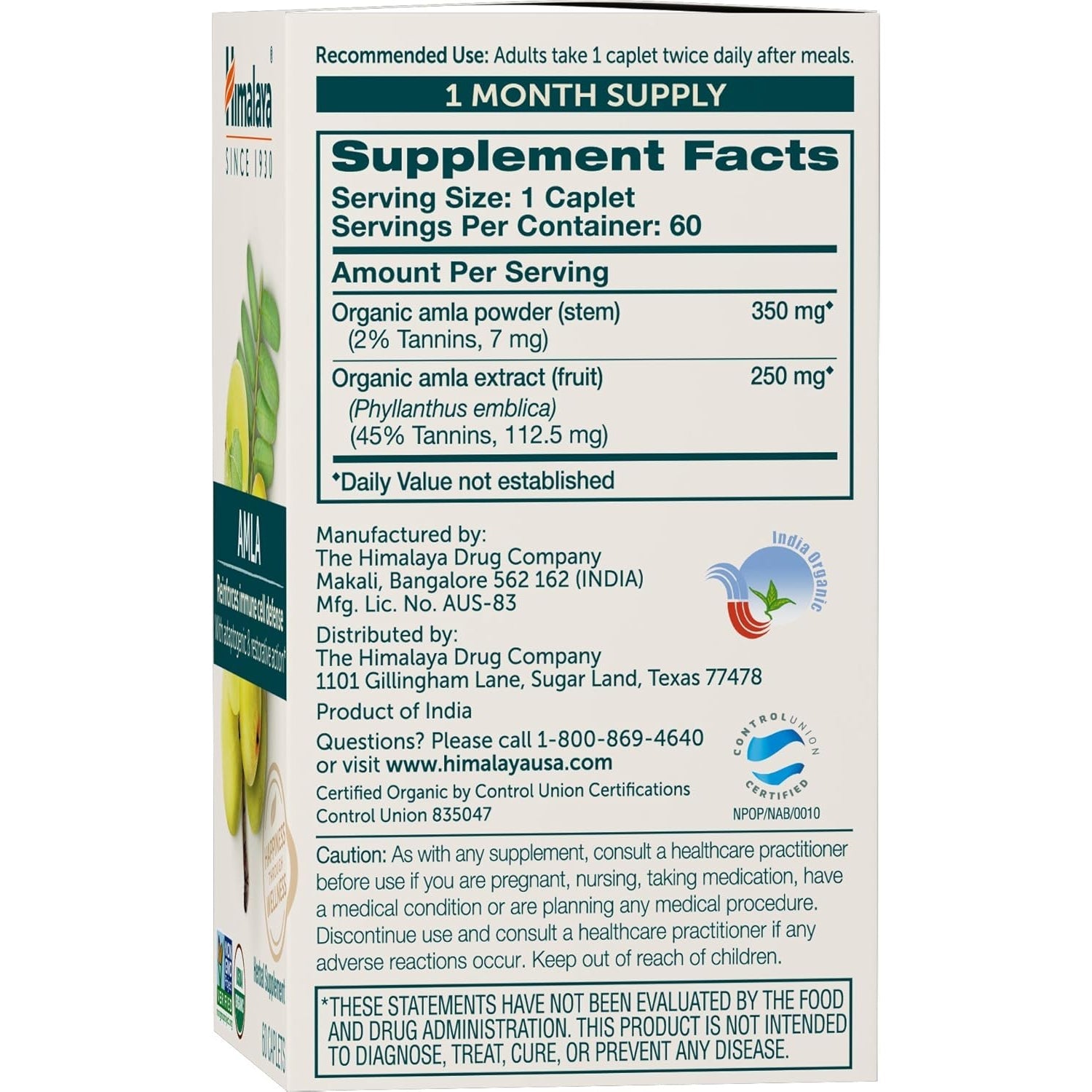Himalaya Organic Amla - Herbal Immune Support Supplement with Adaptogen and Antioxidant - USDA Organic, Vegan, Non-Gmo, Gluten Free, 600 Mg, 60 Caplets