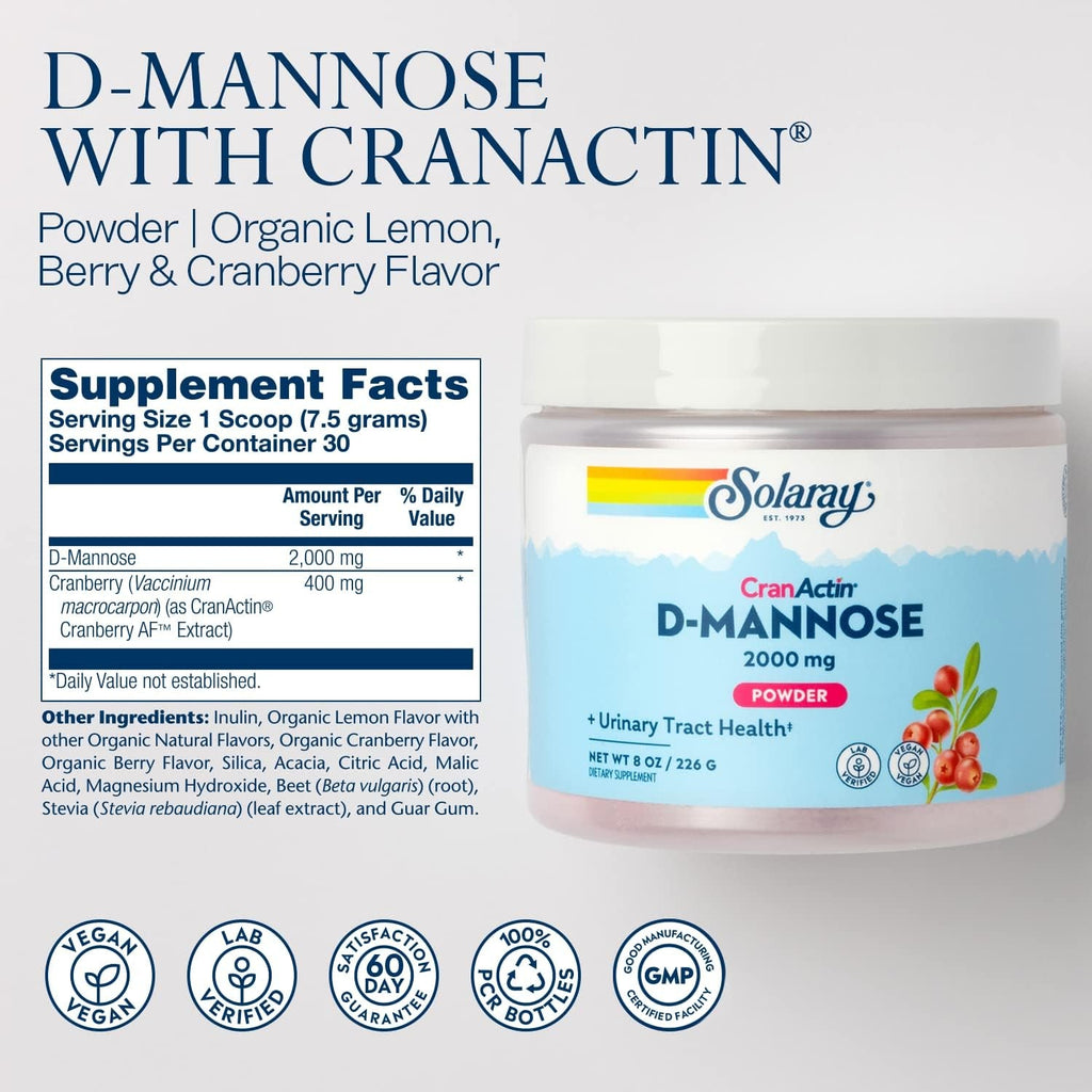 SOLARAY D-Mannose with Cranactin Cranberry AF Extract Powder, 2000 Mg, 400 Mg of Cranberry Extract, Healthy Urinary Tract Support, Organic Natural Flavors, 30 Servings, 8 Oz