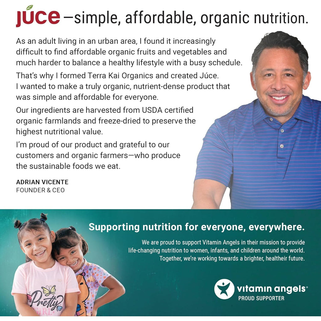 Terra Kai Organics JUCE Green Superfood Powder, Organic Fruits and Veggies Supplement W/ 77 Superfoods plus Prebiotic Probiotic Blend, Harvest Apple Flavor - 20 Servings (250 G)