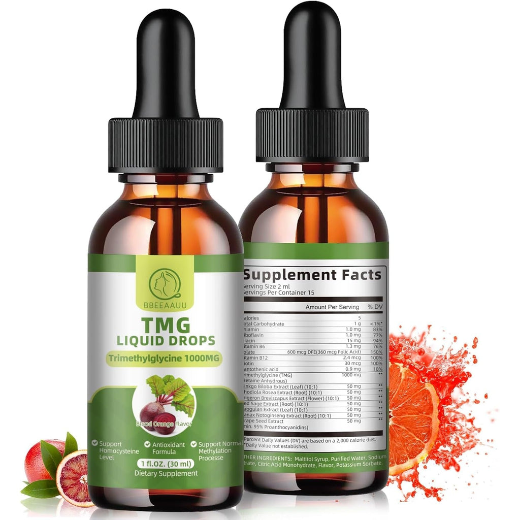 TMG Supplements 1000MG - Trimethylglycine Liquid Drops, Betaine High Absorption, Supports Methylation, Liver Wellness & Cognitive, Non-Gmo, Vegan, Blood Orange Flavor, 1 Fl.Oz (2 Pack)