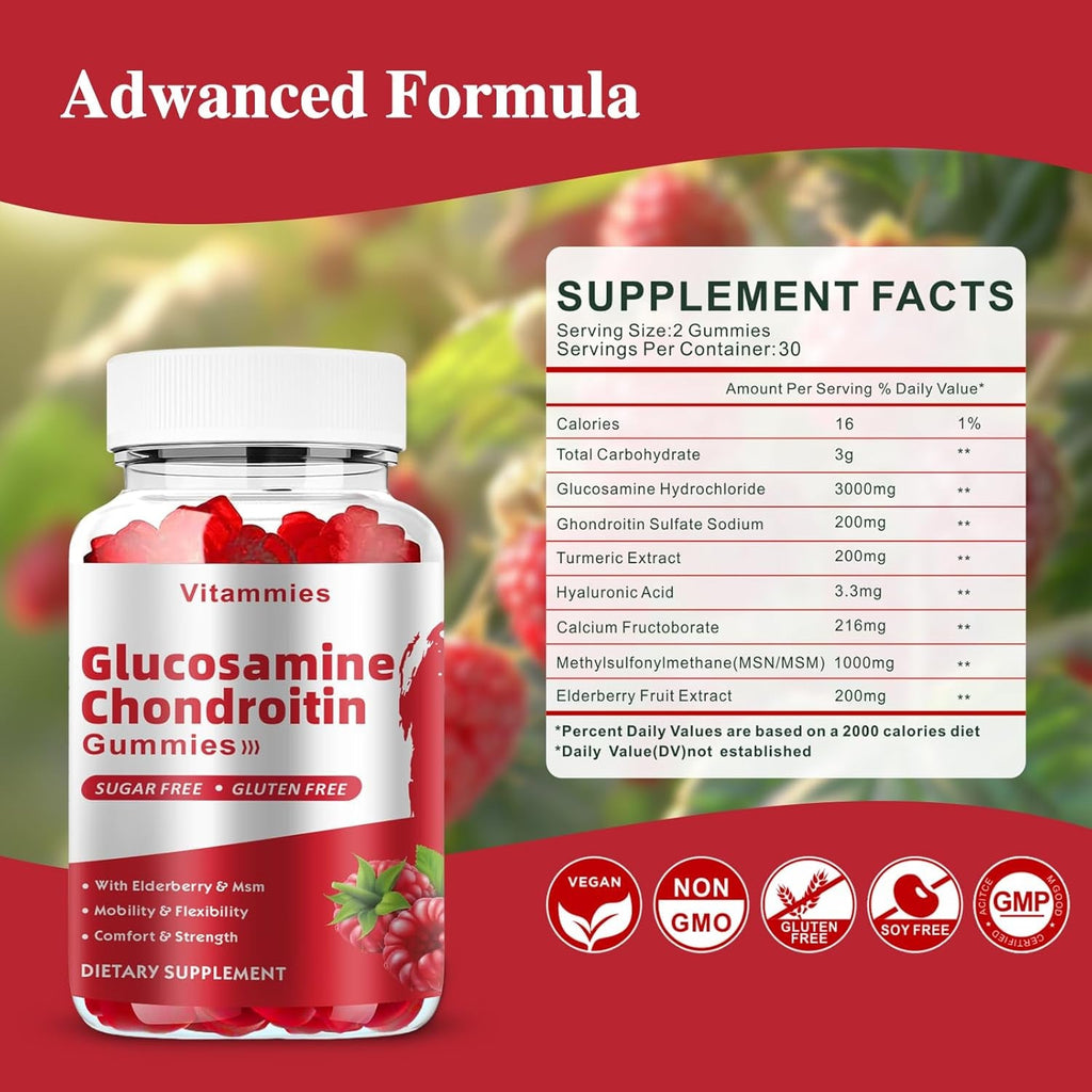 Glucosamine Chondroitin Gummies with MSM & Elderberry Extra Strength - Joint Support, Antioxidant Immune Support Supplement for Adults, Men & Women - 60 Raspberry Gummies
