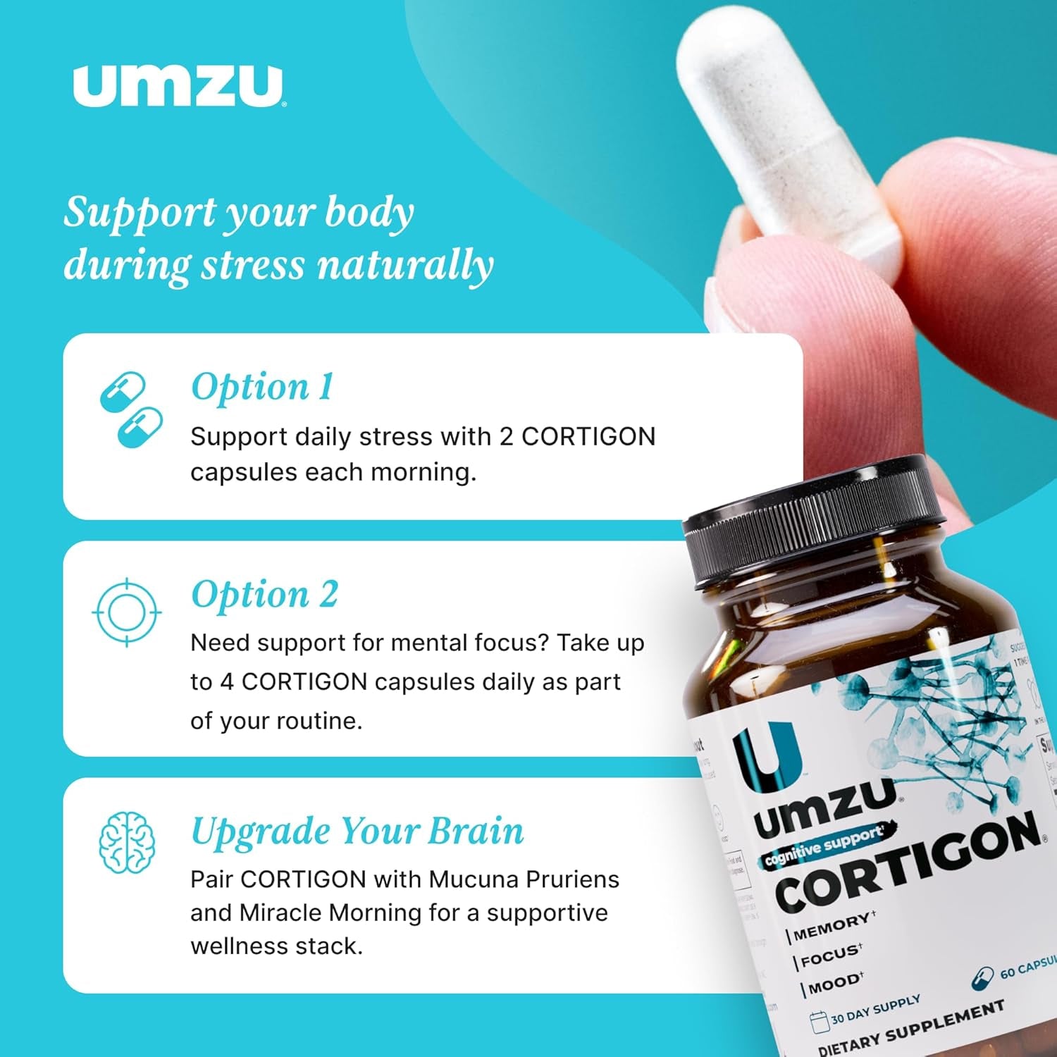 UMZU Cortigon Cortisol Support Supplement, 30 Day Supply – Natural Formula with Ginkgo Biloba, Phosphatidylserine, Vitamin B12 & B6 – Supports Healthy Stress Management, Mood, Focus & Cognitive Health