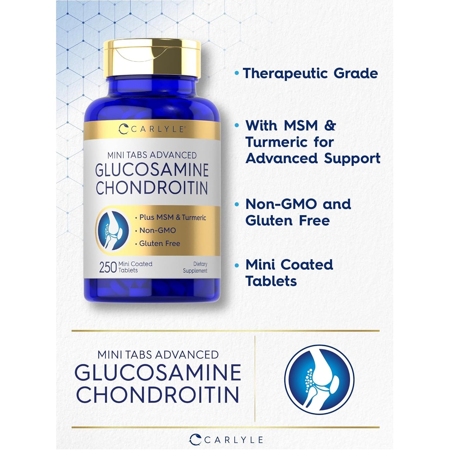 Carlyle Glucosamine Chondroitin MSM | 250 Mini Tablets | Advanced Formula with Turmeric | Non-Gmo, Gluten Free
