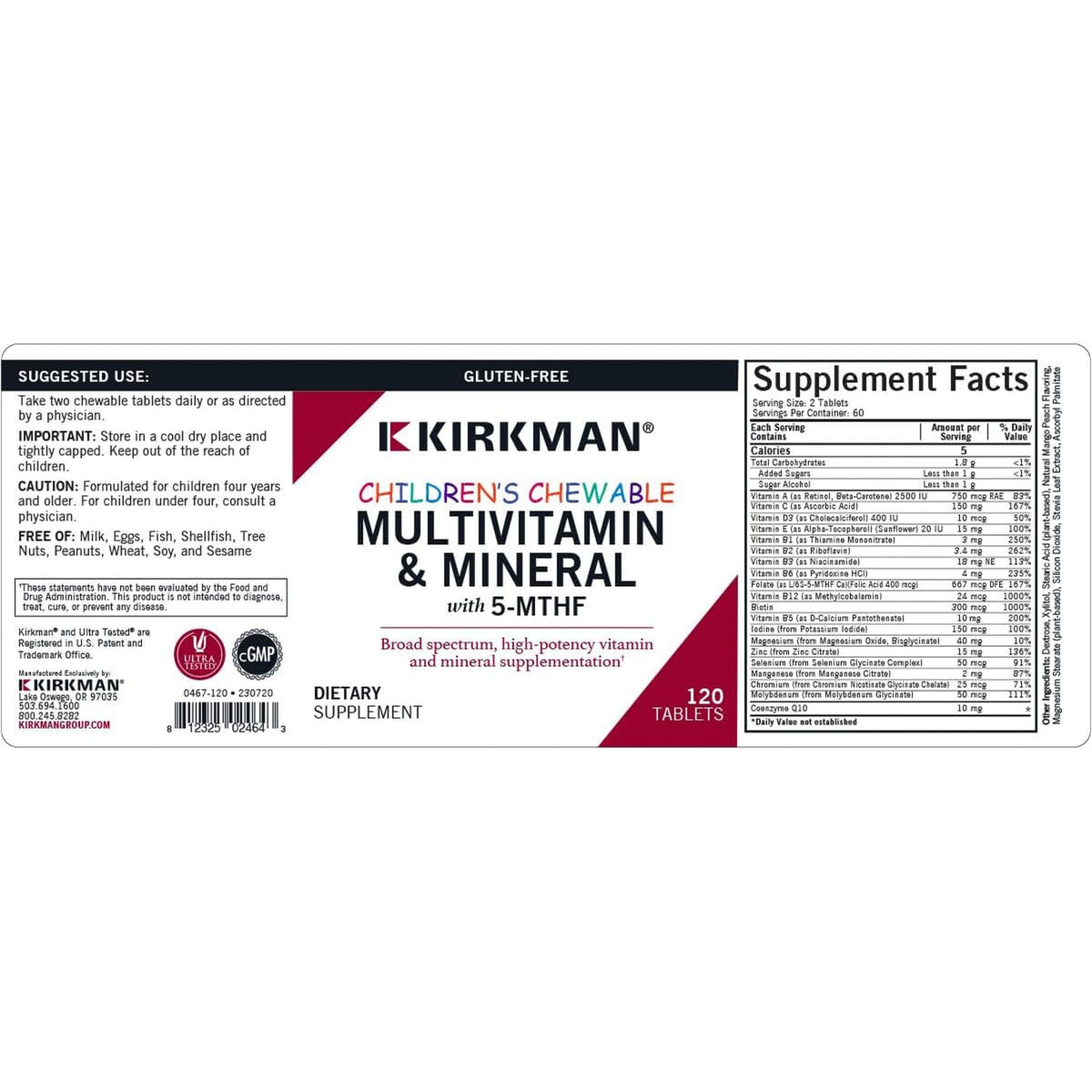 Kirkman - Children'S Multivitamin & Mineral - 120 Capsules - with 5-MTHF - Potent Broad Spectrum Vitamin/Mineral Supplement - Hypoallergenic