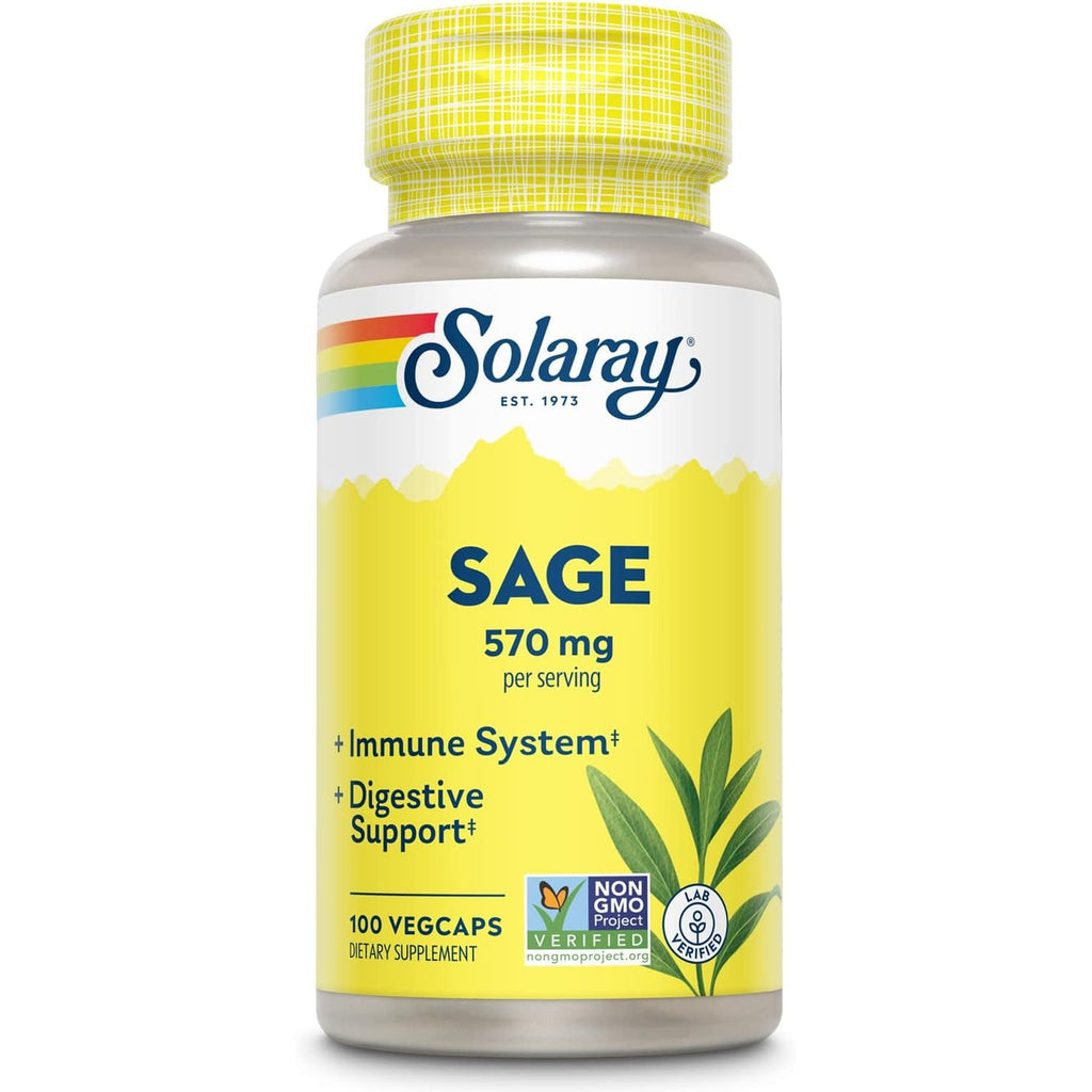 SOLARAY Sage Leaves Supplement for Women & Men - Sage Leaf Capsules, Natural Herbal Support for Immune System, 570 Mg, Non GMO - 100 Veg Caps