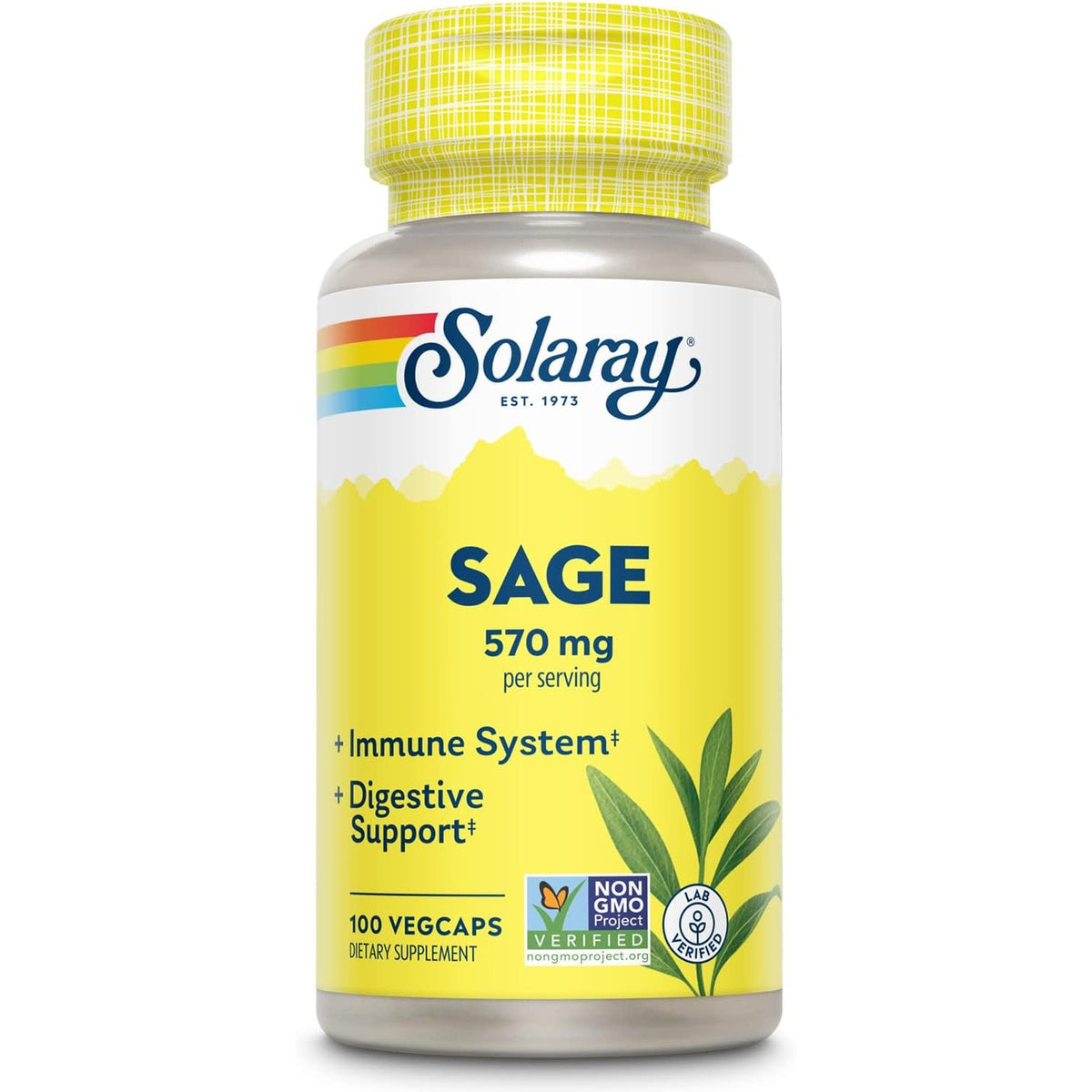 SOLARAY Sage Leaves Supplement for Women & Men - Sage Leaf Capsules, Natural Herbal Support for Immune System, 570 Mg, Non GMO - 100 Veg Caps