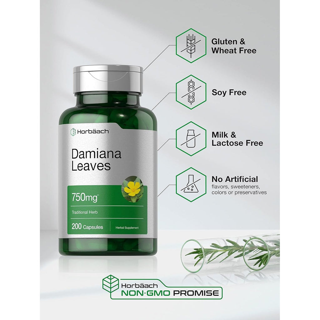 Horbäach Damiana Leaf Extract | 200 Capsules | Herbal Supplement | Non-Gmo, Gluten Free Formula