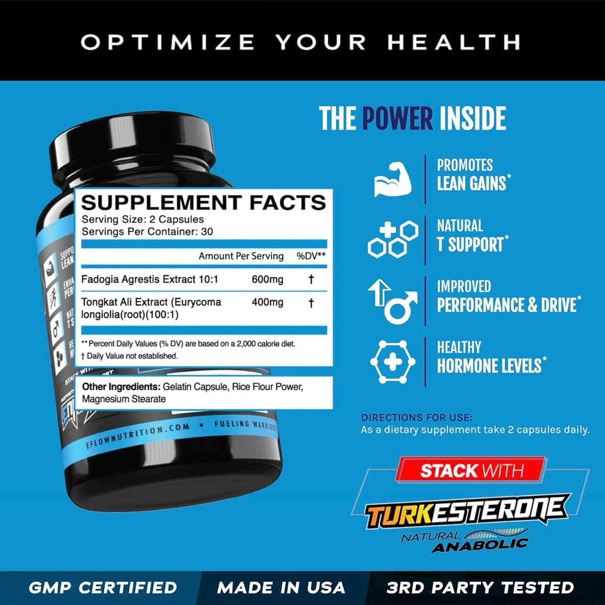 Eflow Nutrition Fadogia Agrestis + Tongkat Ali - [2-In-1] Natural Performance Supplement for Health and Wellness - Hormone, Energy, & Mood Support - Extract Powder (60 Capsules)