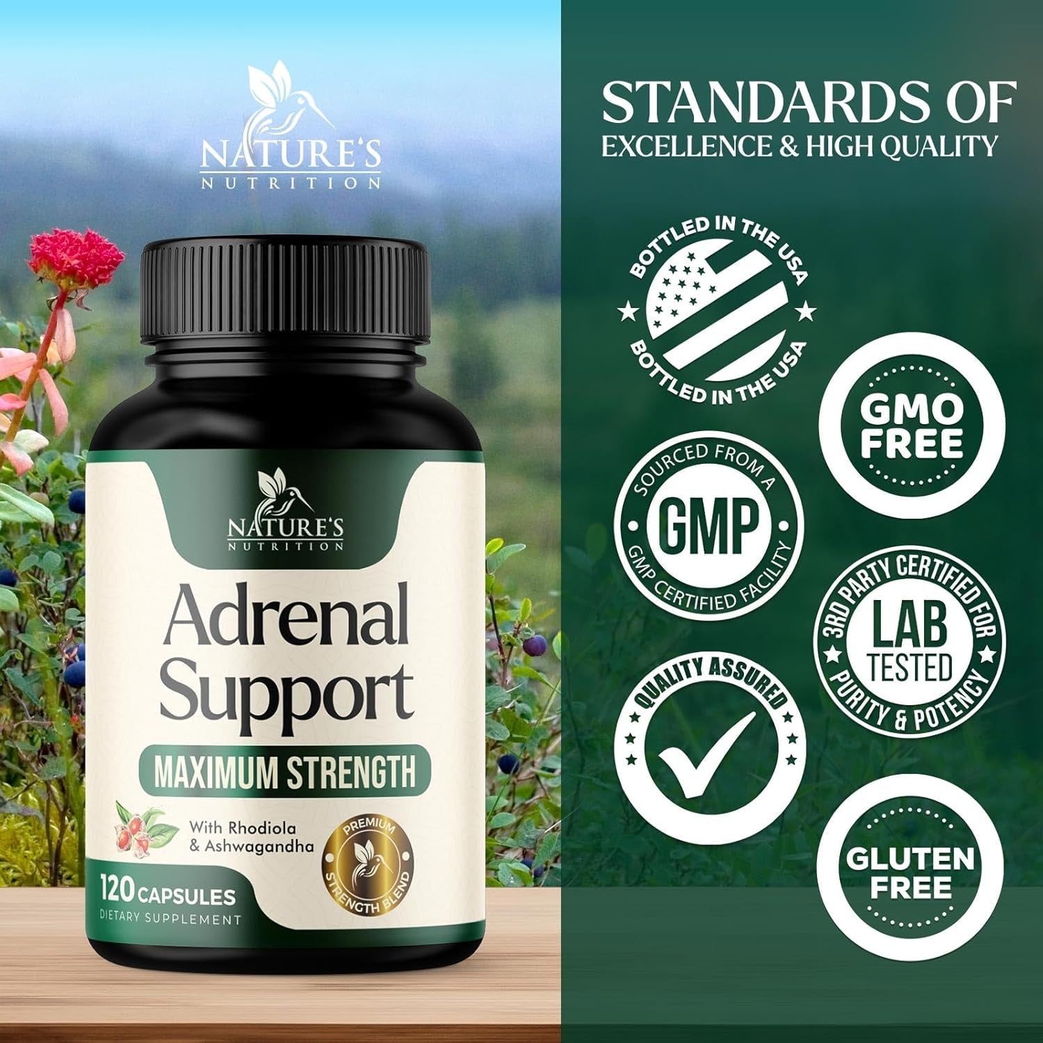 Nature'S Nutrition Adrenal Support Supplements Cortex Complex, Best Energy Supplement, Supports Health & Energy Levels, Daily Ashwagandha for Women & Men, Supports Immune System, 120 Capsules
