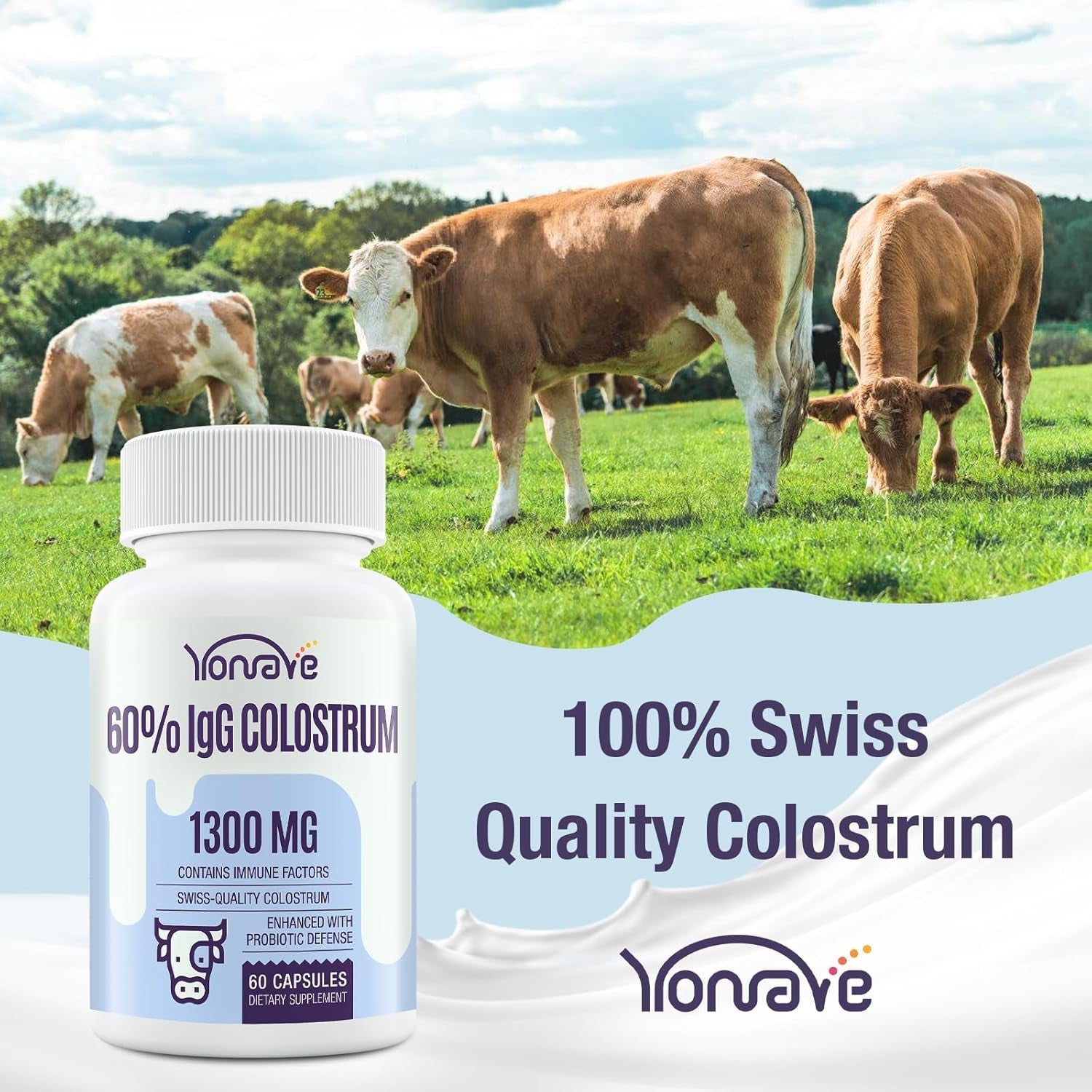 Yonrave Bovine Colostrum Capsules Supplement 1300Mg - Extra High 60% Igg Bovine Colostrum - Gut, Bone, Exercise, Immune - 60 Capsules