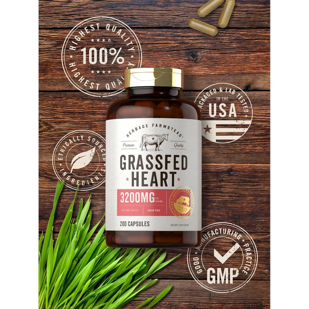 Carlyle Grass Fed Beef Heart Supplement | 3200Mg | 200 Count | Desiccated Pasture Raised Bovine Capsules | Non-Gmo, Gluten Free | by Herbage Farmstead