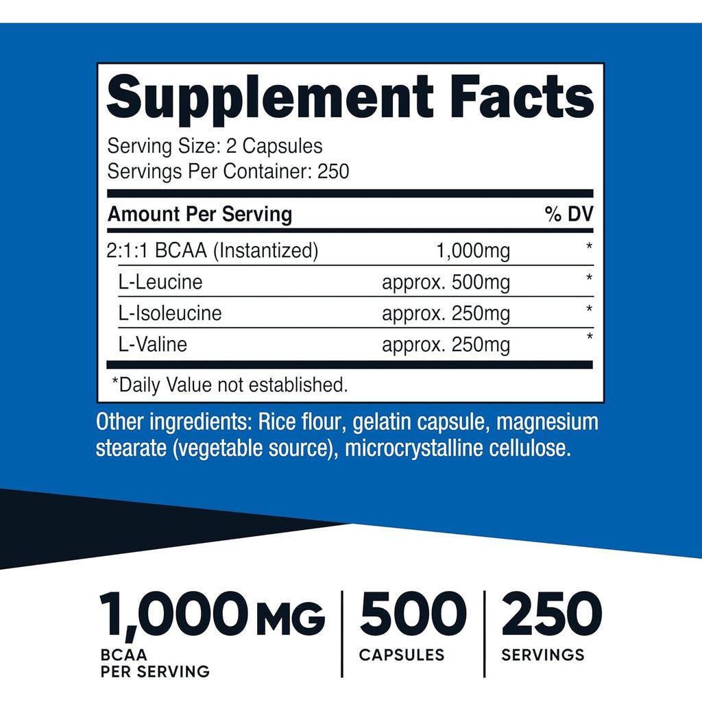 Nutricost BCAA 1000Mg, 500 Capsules (250 Serv), 2:1:1 Branched Chain Amino Acids (500Mg of L-Leucine, 250Mg of L-Isoleucine and L-Valine)