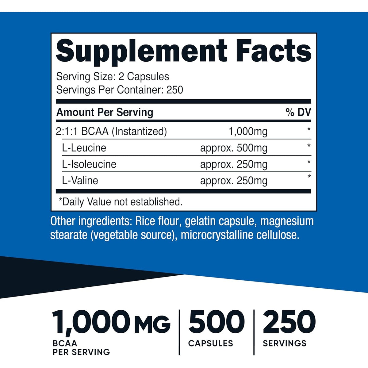 Nutricost BCAA 1000Mg, 500 Capsules (250 Serv), 2:1:1 Branched Chain Amino Acids (500Mg of L-Leucine, 250Mg of L-Isoleucine and L-Valine)