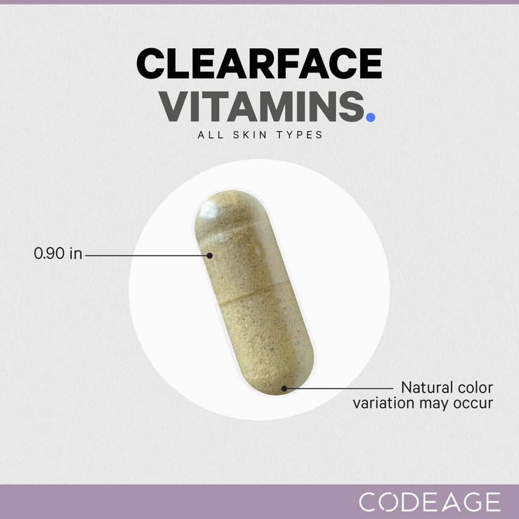 Codeage Clearface Pantothenic Acid, Niacin Supplement, Vitamins A, C, D3, E, Probiotics, Zinc, Riboflavin, Thiamin, L-Lysine HCL & Omega-3, Niacinamide, Skin Botanical Blend - Non-Gmo - 90 Capsules
