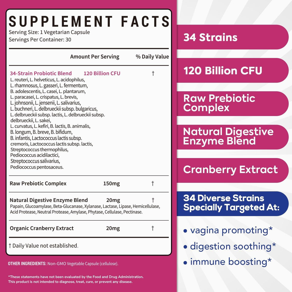 Probiotics for Women, 120 Billion CFU 34 Strains, Prebiotics, Digestive Enzymes, Cranberry, 4-In-1 Feminine Probiotic, Digestive, Vaginal, Immune Support, 30Ct