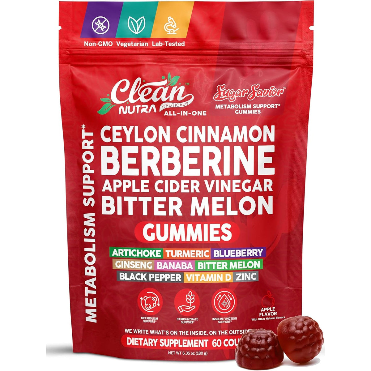 Sugar Savior Ceylon Cinnamon Berberine Gummies Apple Cider Vinegar Artichoke Turmeric Blueberry Ginseng Banaba Bitter Melon Black Pepper Vitamin D Zinc GLP1 Gummies 60 Count by Clean Nutra