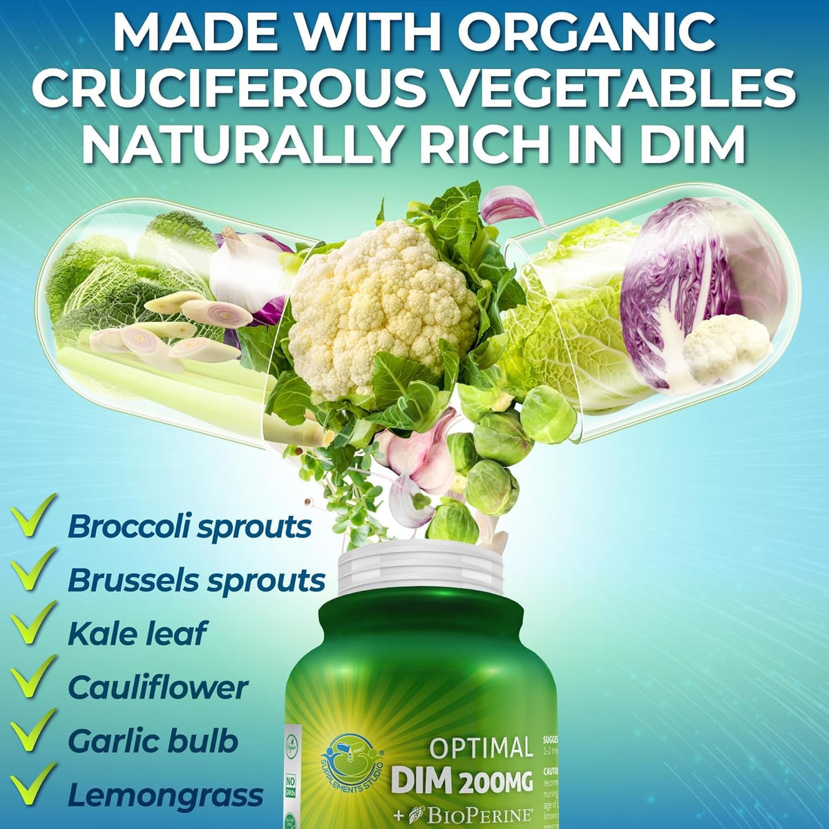 Optimal DIM 200Mg Supplement for Women and Men - Made with Organic Whole Foods - Estrogen & Hormone Balance Support Diindolylmethane Complex - Maximum Absorption Delayed-Release Capsules - 60 Count