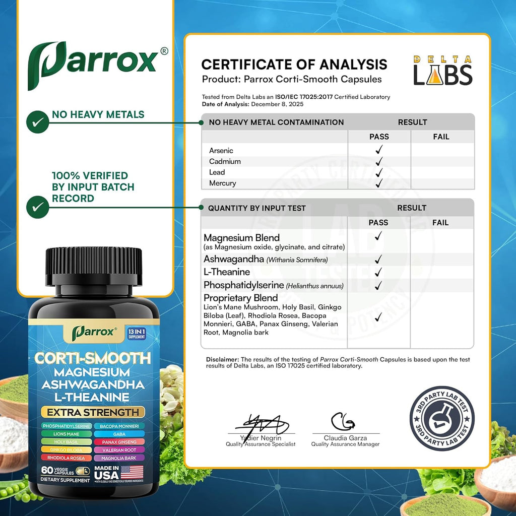 Corti-Smooth Cortisol Supplement Magnesium, L-Theanine, Ashwagandha, Phosphatidylserine, Valerian Root, Lions Mane, Bacopa Monnieri, Ginkgo Biloba, Panax Ginseng, Magnolia Bark, GABA (60 Caps)