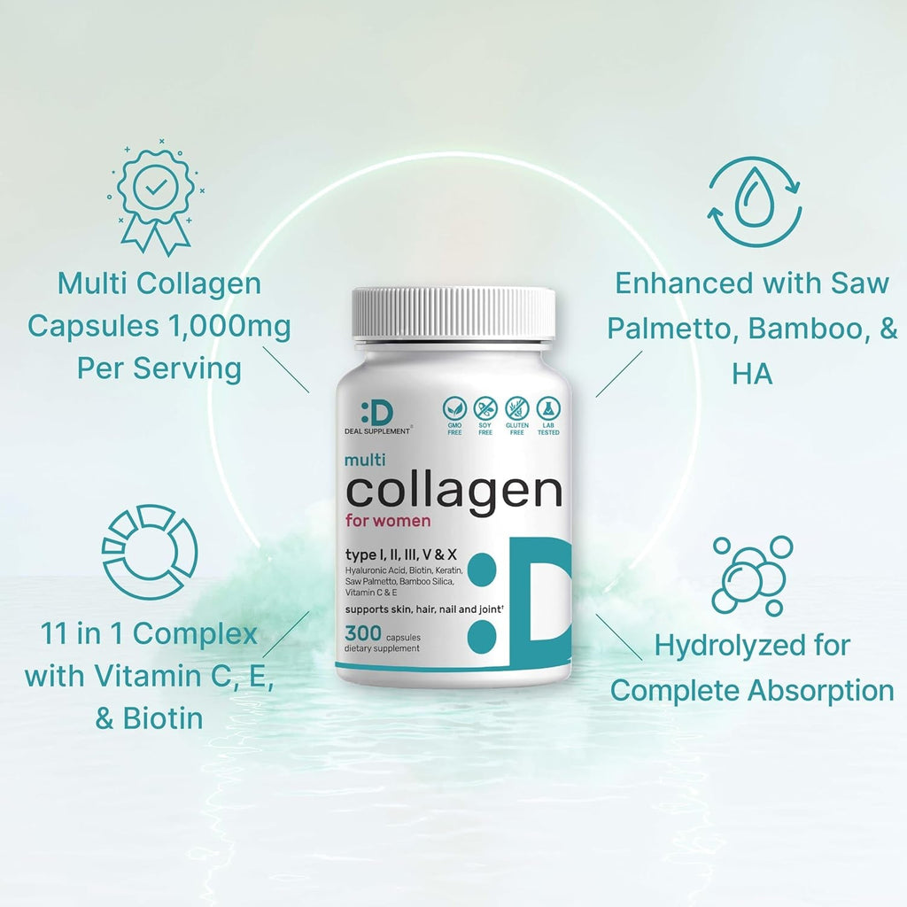 Multi Collagen Pills for Women & Men with Vitamin C, E & Biotin, 300 Capsules – Type I, II, III, V, X Hydrolyzed Collagen Peptides – 11 in 1 Formula with Saw Palmetto, Bamboo Silica, & Hyaluronic Acid