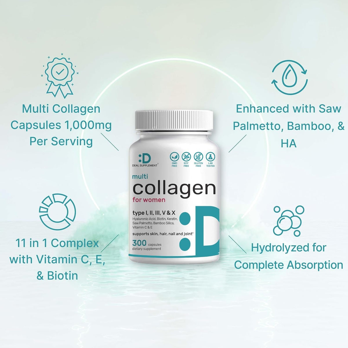 Multi Collagen Pills for Women & Men with Vitamin C, E & Biotin, 300 Capsules – Type I, II, III, V, X Hydrolyzed Collagen Peptides – 11 in 1 Formula with Saw Palmetto, Bamboo Silica, & Hyaluronic Acid