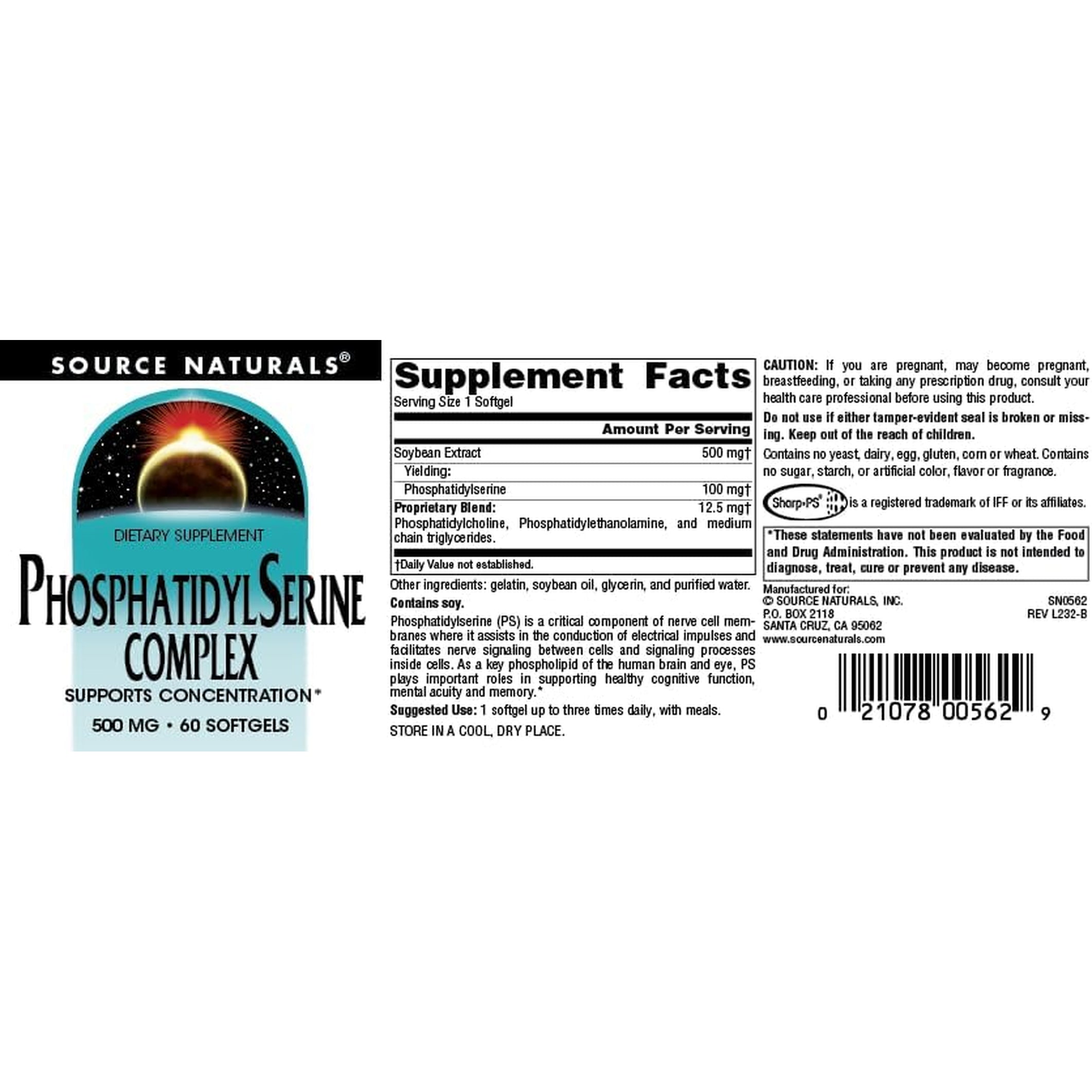 Source Naturals Phosphatidyl Serine Complex Stablilized Enzyme Supplement 500Mg - 100% Pure - 60 Softgels