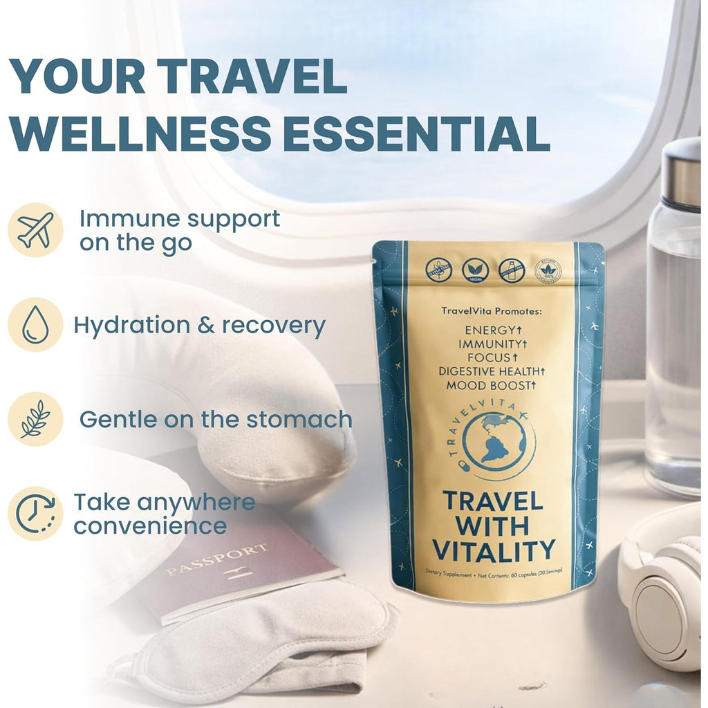 Natural Travel Pills - Traveling Supplement for Jet Lag Relief, Digestion, Immunity, Energy, Sleep, Circulation - Vacation and Long Flight Essentials for Men and Women - 30 Day Supply
