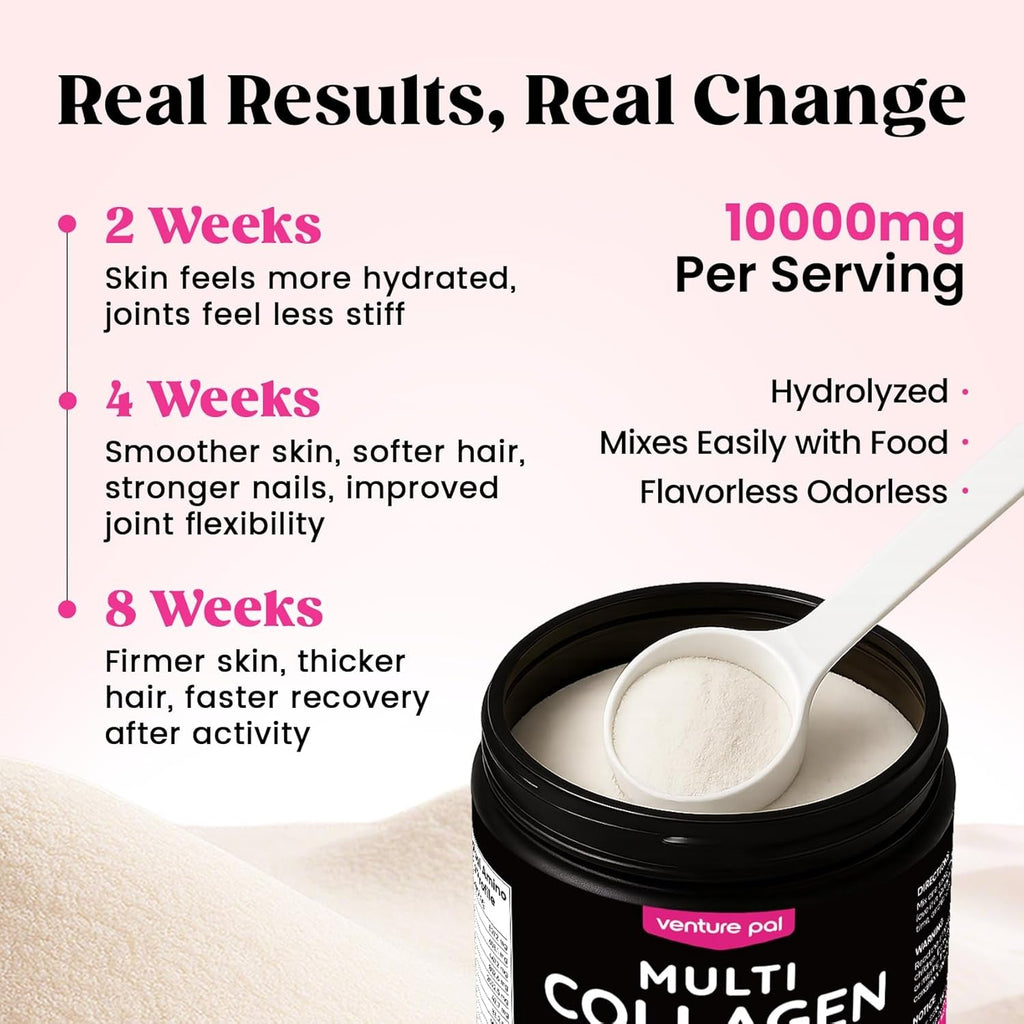 Venture Pal Multi Collagen Powder Type I, II, III, V, X – Hydrolyzed Collagen Peptides MSM, GC, Hyaluronic Acid Vitamin C | Collagen Supplement for Women | Joint, Hair, Skin & Nail Support | Non-Gmo