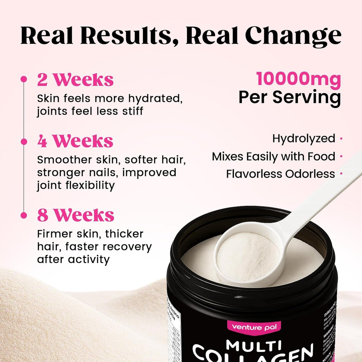 Venture Pal Multi Collagen Powder Type I, II, III, V, X – Hydrolyzed Collagen Peptides MSM, GC, Hyaluronic Acid Vitamin C | Collagen Supplement for Women | Joint, Hair, Skin & Nail Support | Non-Gmo