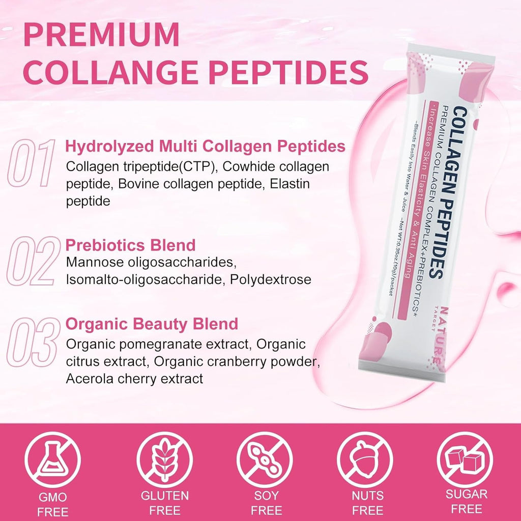 NATURE TARGET Multi Collagen Peptides Powder - Type I, II, III, V, X - Enhanced Absorption, Hydrolyzed Collagen Peptides with Prebiotics, Sugar-Free, Skin Hair Nail & Joint Support, Non-Gmo