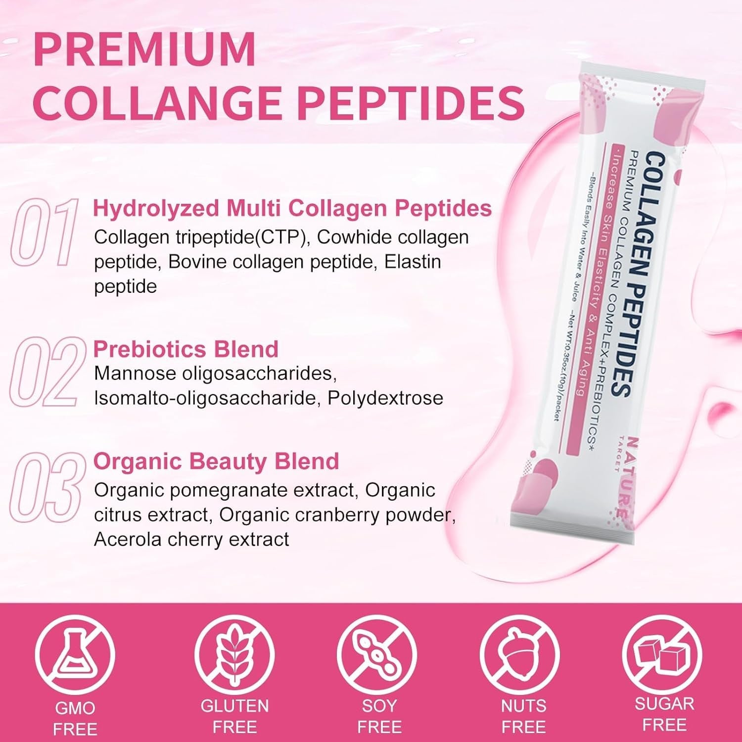 NATURE TARGET Multi Collagen Peptides Powder - Type I, II, III, V, X - Enhanced Absorption, Hydrolyzed Collagen Peptides with Prebiotics, Sugar-Free, Skin Hair Nail & Joint Support, Non-Gmo